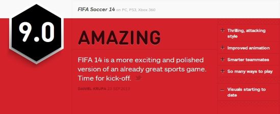 《FIFA14》获IGN 9分：完胜实况足球