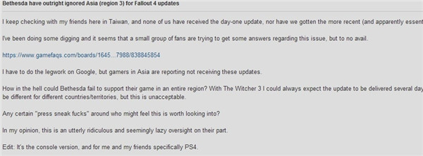 《辐射4》亚洲玩家被B社遗忘 收不到PS4更新补丁!