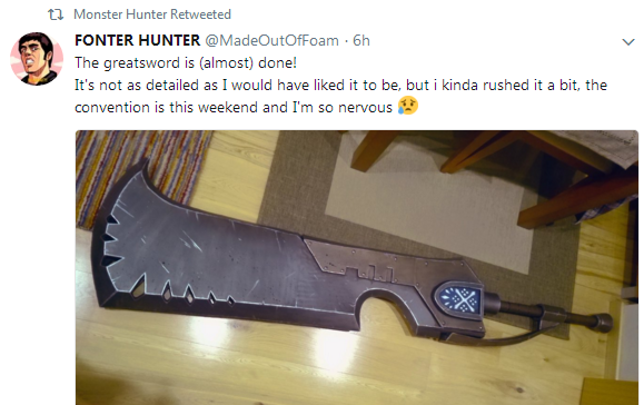 《怪物猎人:世界》官方晒玩家自制大剑 制作精良神级还原