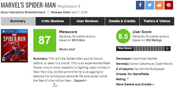 好评不断! PS4《蜘蛛侠》已成评价最高蜘蛛侠游戏