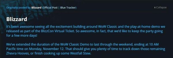 《魔兽世界》怀旧服试玩延长至下周一 限制内容不变