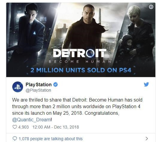 《底特律:变人》销量破200万 成工作室最畅销作品