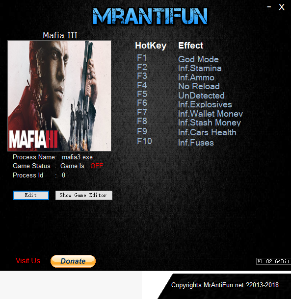 黑手党3十项修改器MrAntiFun版1