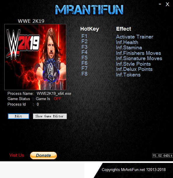 WWE 2K19七项修改器MrAntiFun版1