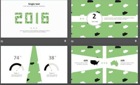 绿色卡通云朵背景的清新幻灯片模板2
