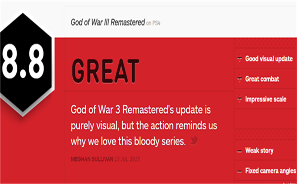 《战神3:重制版》好玩吗？IGN评分 8.8分