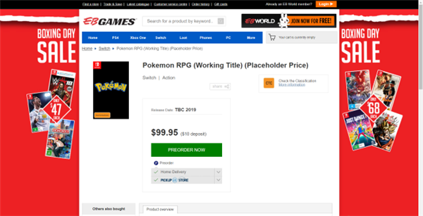 新作《精灵宝可梦RPG》网络商城上架 Switch版页面公布