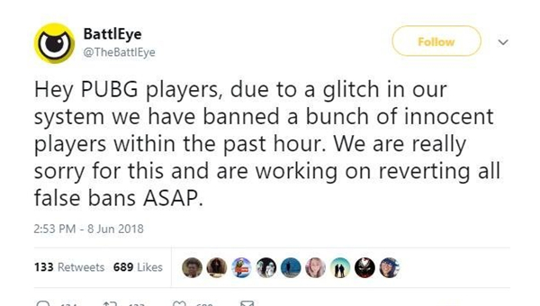 《绝地求生》反外挂系统出故障 大批玩家被误封