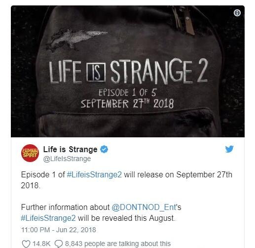 官方推特《奇异人生2》首章将于9月底发