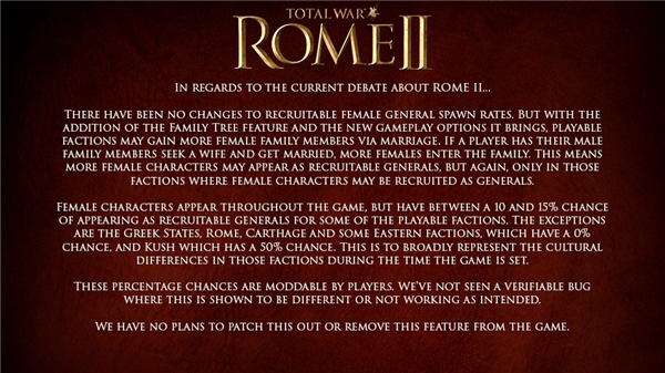 《罗马2:全面战争》官方正式回应女将门:不做任何改动