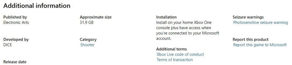 《战地5》Xbox One版容量曝光 标准版售价416元