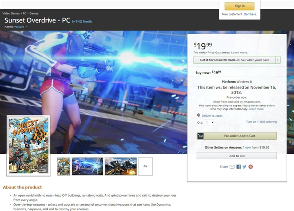 亚马逊出现《日落过载》PC版页面 或于11月16日推出