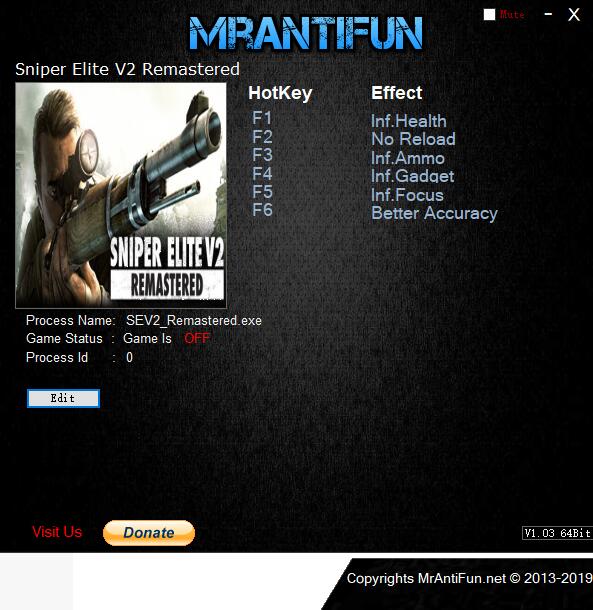 狙击精英V2重制版六项修改器MrAntiFun版0