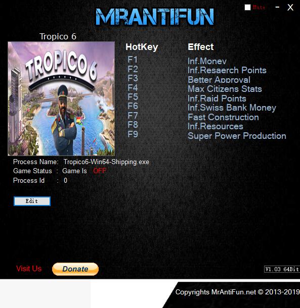 海岛大亨6九项修改器MrAntiFun版1